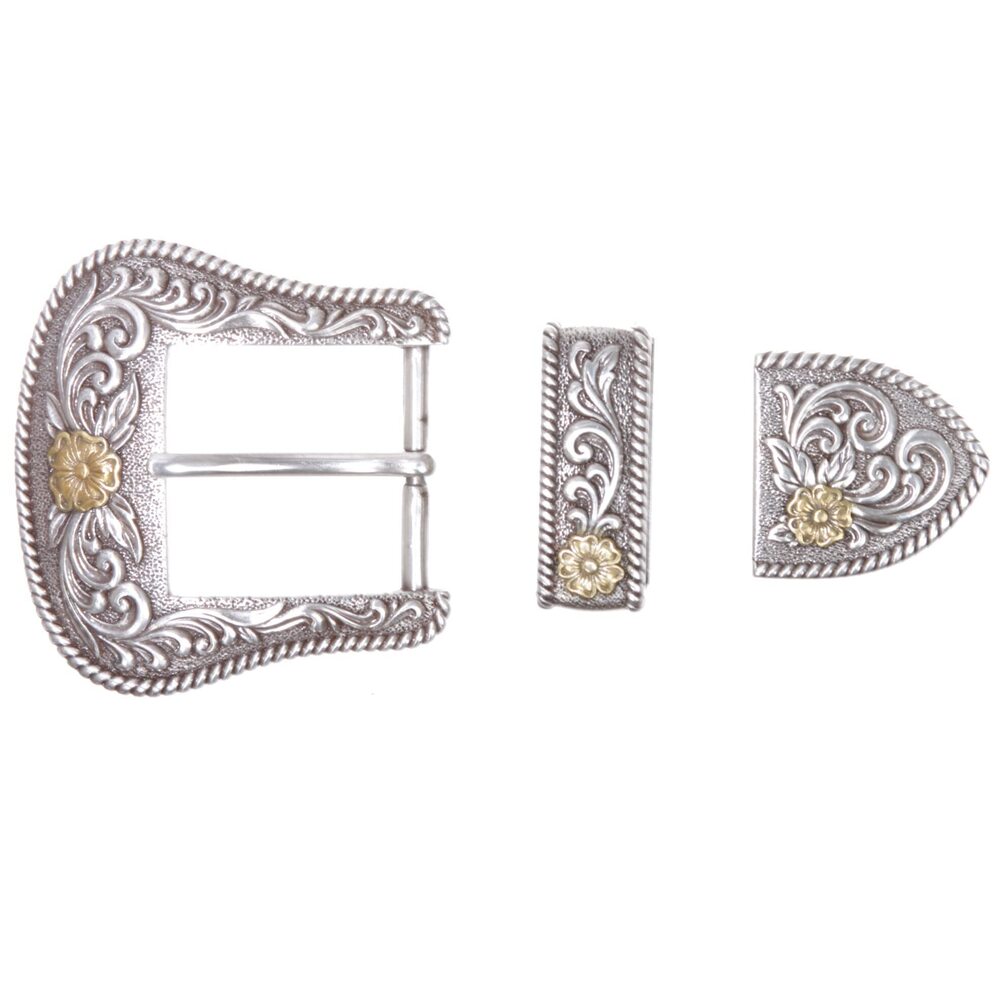 5797 1 1/2"-3.8cm Western 3-Piece Silver/Gold Two-Tone Floral Belt Buckle